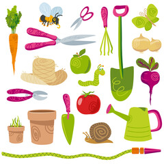 Cartoon style gardening tools and vegetables funny icons set isolated