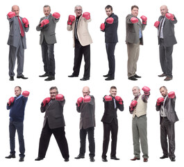 collage of businessmen in boxing gloves isolated