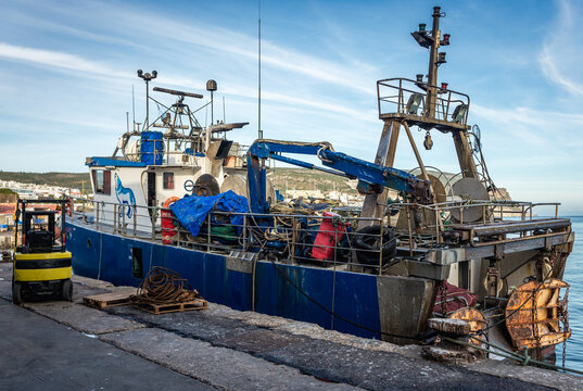 Sesimbra, Portugal - October 11, 2018: Fishing boat in port of Sesimbra town