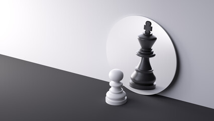 3d render, chess game white pawn piece stands in front of the round mirror where white king reflects. Contradiction metaphor. Perceptual distortion concept. Minimalist composition