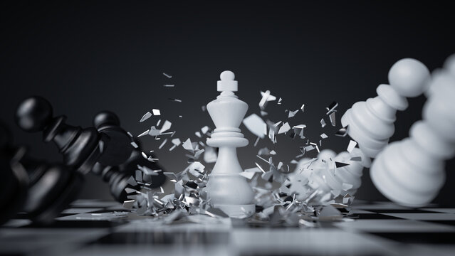 3d render, chess game battle, white king chess piece, aggressive attack. Successful strategy, checkmate concept