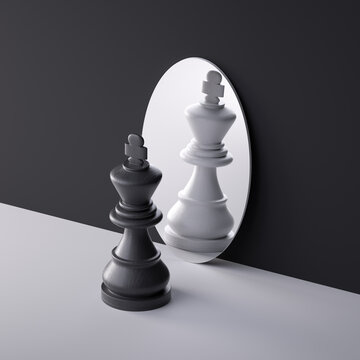 3d render, chess game king piece stands in front of the round mirror. Perceptual distortion concept. Mental disorder condition. Minimalist composition