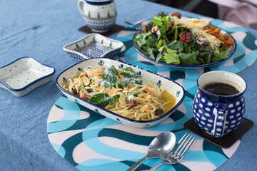 healthy olive oil pasta with coffee