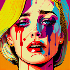 Portrait of a woman crying colors pop art