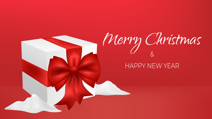 Christmas sale horizontal discount banner design template. Winter season. Scene Merry Christmas and happy new year background with snow. Gift voucher. Red backdrop. Big present with festive bow.