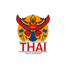 Thailand cuisine food restaurant icon with flying mythical Garuda bird, palm trees. Asian country touristic travel, tour or trip vector sign, Thai food street cafe emblem or symbol