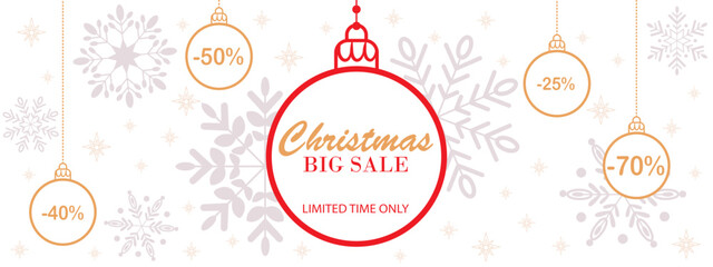 Fototapeta na wymiar Christmas big sale horizontal white banner with balls, snowflakes and stars. Template for commerce, promotion and advertising