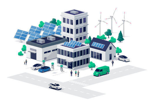 Sustainable city street road with residential downtown buildings and renewable solar wind power generation. Electric car charging near family house, work offices and business center on public station.