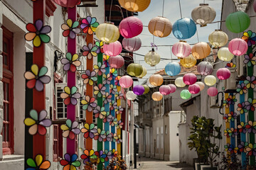 Naklejka premium Colorful Chinese lanterns on the street of George Town, Penang. Preparation for Chinese New Year