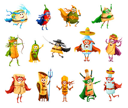Tex mex mexican food superhero and defender characters. Isolated vector tacos, burrito, chili pepper and nachos, enchiladas, jalapeno, tamale and chimichanga with tequila, churros, mezcal and pulque