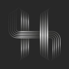 Monogram H letter logo or 96 number linear emblem, 3d effect silver gradient parallel and weaving thin smooth lines, metallic striped ribbons from, typography decoration calligraphic mark.