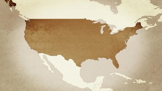 Vintage map showing US, USA, America. From above zooming in.