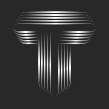Monogram T initial letter logo silver gradient parallel thin lines art, metallic overlapping stripes, typography decoration calligraphic stripped shape.
