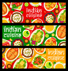Indian cuisine restaurant food banners. Salad Bund Gobhi, Goan salmon curry and corn lentil soup, chicken curry, almond soup Badam Shorba and fish curry, tomato cucumber salad Kachumber, rice Kedgeree
