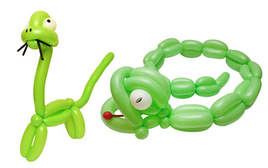 Figures made of modelling balloon isolated: dinosaur and snake