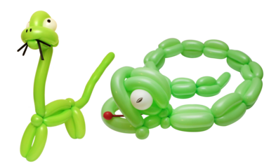 Figures made of modelling balloon isolated: dinosaur and snake
