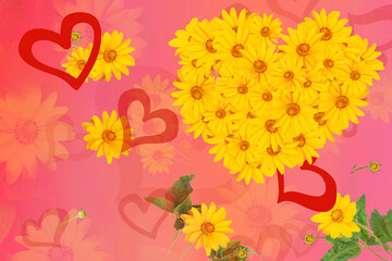 Festive background with yellow flowers and flower heart
