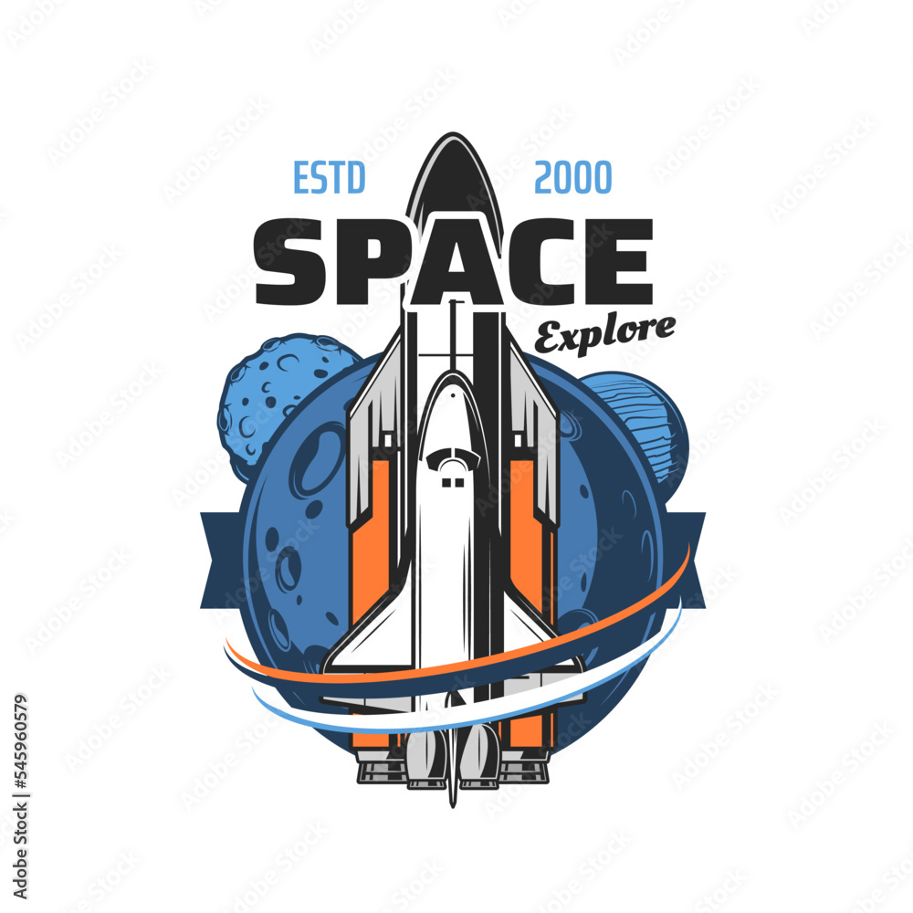 Poster space shuttle and planets icon. space exploration program vintage icon or emblem with shuttle heavy 