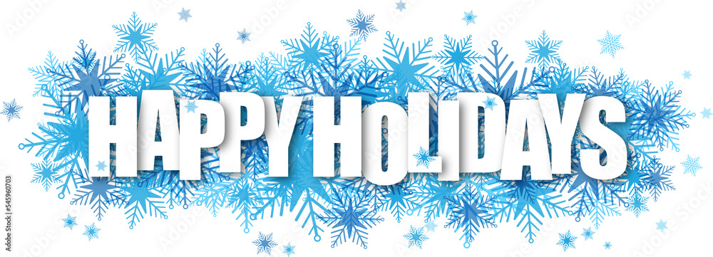 Wall mural happy holidays on blue snowflake banner with transparent background