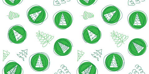 Xmas green pattern, christmas pine trees seamless vector pattern. One continuous line art drawing. Simple green Christmas trees pattern