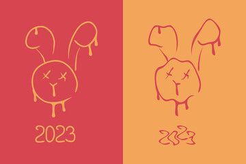 Trendy distorted melting bunny faces and numbers 2023 print collection. Perfect for T-shirt, print, poster. Vector illustration for decor and design.