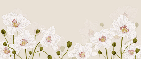 Botanical flower garden with white poppy flowers, on a beige background. Vector wallpaper design with flowers, poppies, line art. Elegant botanical season illustration suitable for fabric, prints