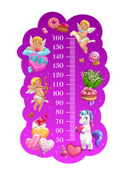 Kids height chart of Cupids, unicorn and sweets, vector growth meter ruler scale. Cartoon stadiometer wall sticker with romantic love gifts, hearts and flowers, balloons and cakes