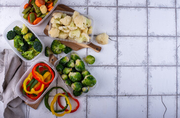 Different frozen vegetables. Food storage.