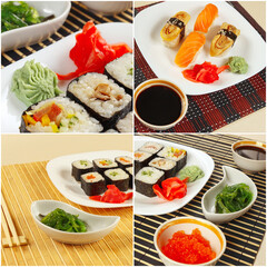 Collage of traditional oriental sushi sets, chuka salad, ginger and soy sauce on bamboo mats.