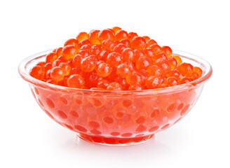 Artificial fake red caviar in glass bowl isolated on white background. With clipping path.