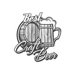 Craft beer brewery icon with tankard and barrel. Beer pub, bar or local brewery manufacture monochrome vector emblem, retro icon with beer foam on wooden mug, keg and vintage typography