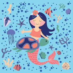 Cartoon beautiful mermaid with developing hair in seashells, algae, bubbles. Siren. Marine theme. Hand drawn, detailed vector illustration EPS