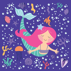 Obraz na płótnie Canvas Cartoon beautiful mermaid with developing hair in seashells, algae, bubbles. Siren. Marine theme. Hand drawn, detailed vector illustration EPS