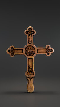 Wooden carved Cross of tailors guild in kety. Christianity. 3d Rendering