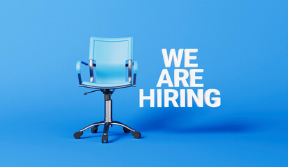 We are hiring text with an office chair. employment and occupation concept. 3D Rendering