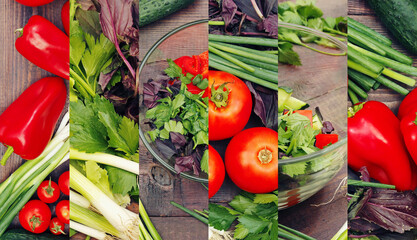 Collage of organic vegetables and salad on rustic wooden table.