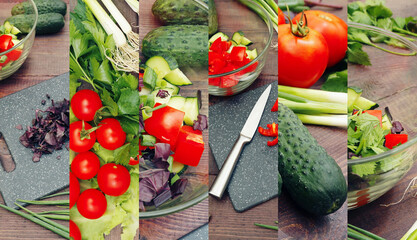 Fresh vegetables and salad collage on rustic wooden table.