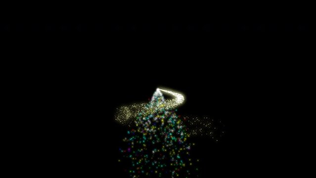 Christmas and New Year illumination. A plume of white sparkling lights rising up around the spruce in a spiral on a black background. Growing spruce from multi-colored particles.