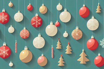 Merry Christmas background, festive xmas balls baubles decorations creative illustration, Happy New Year trendy winter decor card backdrop concept.