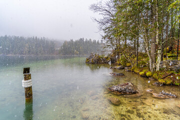 The Hintersee Lake at snowy day in Germany