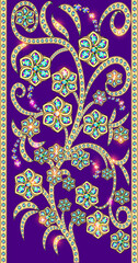 Background wallpaper illustration for phone with golden floral ornament and gems.
