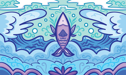 Blue sea themed with fish drawing vector illustration symmetrical background. Symmetry wallpaper for desktop backdrop, social media post, website, or brochure wallpaper. Isolated marine themed art.