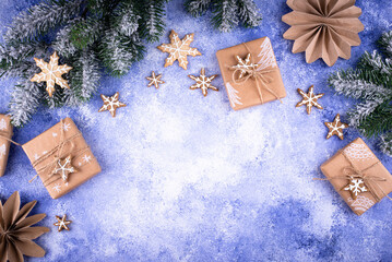 Christmas gift boxes on blue background