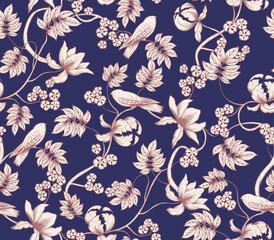 Floral ornament with birds on the branches. Seamless pattern with birds and flowers.