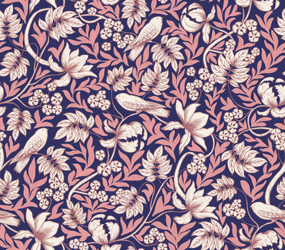 Floral ornament with birds on the branches. Seamless pattern with birds and flowers.