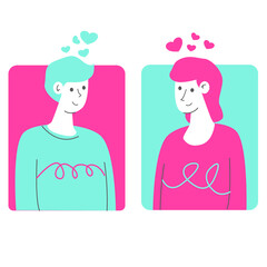 flat vector illustration Smiling man and woman at first glance. the meeting of happy men and women became interested. Affectionate feeling of love, relationship concept. Cartoon character with attract