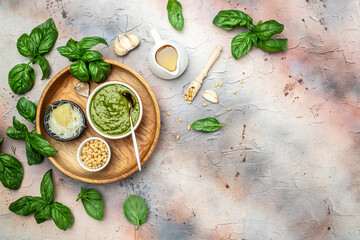 Pesto, Italian basil pesto sauce with culinary ingredients for cooking on a light background, banner, menu, recipe place for text, top view
