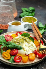 Traditional Italian dish burrata cheese with glass of rose wine. Burrata served with tomatoes and green pesto. place for text, top view