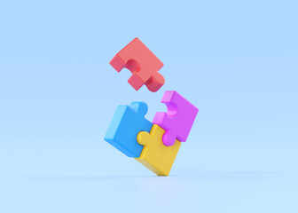 Puzzle 3d render icon - teamwork connect idea, partnership illustration and flying jigsaw pieces