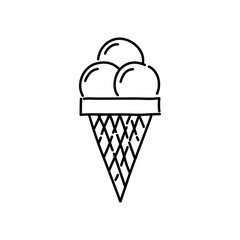 Ice cream in waffle con doodle icon. Hand drawn black sketch. Vector Illustration.